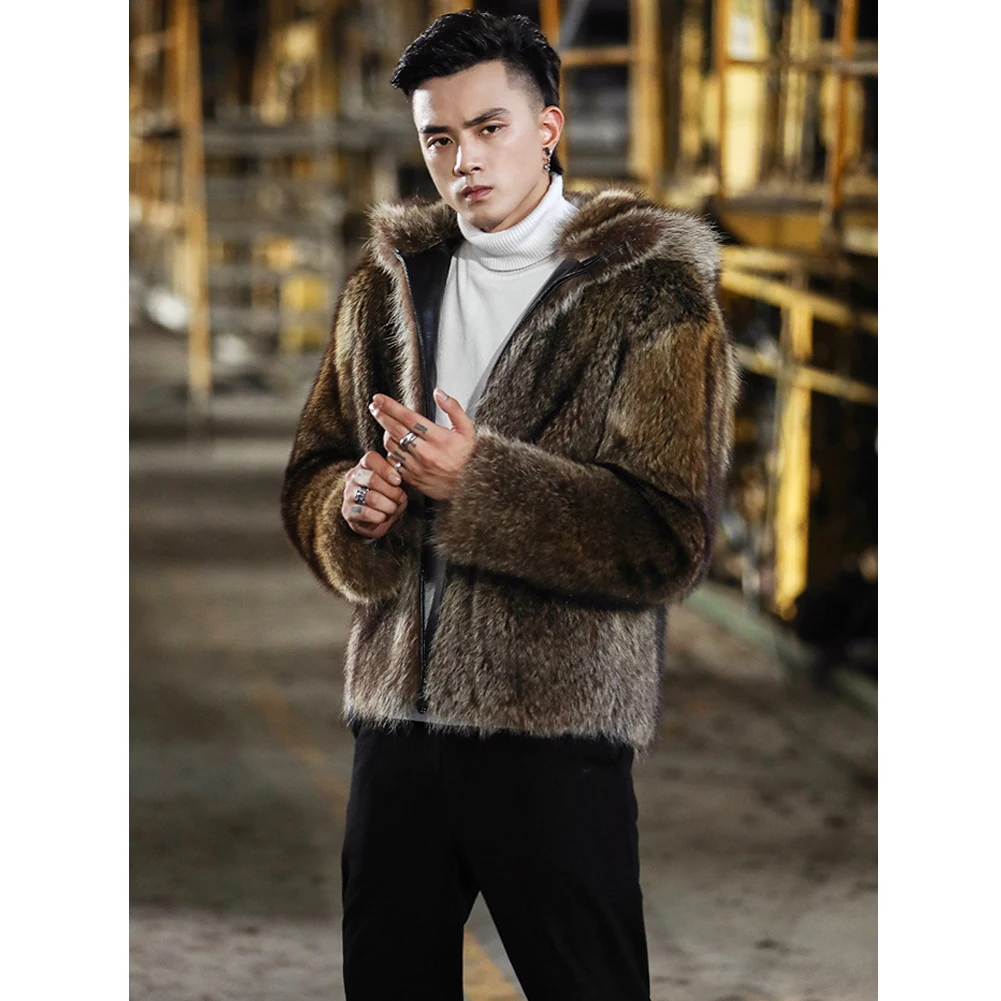 2019 новое импортное Мужское пальто с мехом енота модное короткое пальто с мехом кожаная куртка с капюшоном мужские зимние пальто