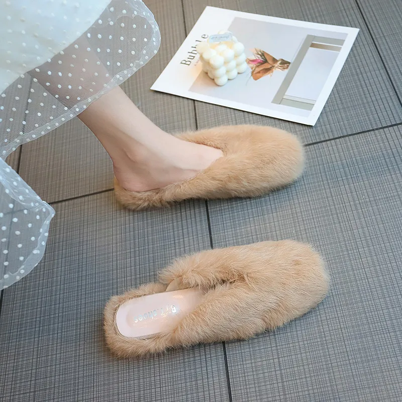 

Slippers Fur Shallow Shoes Without Heel Lady 2019 New Women Slides Cover Toe Flock Low Fashion Plush Flat Girl Luxury PU Rubber
