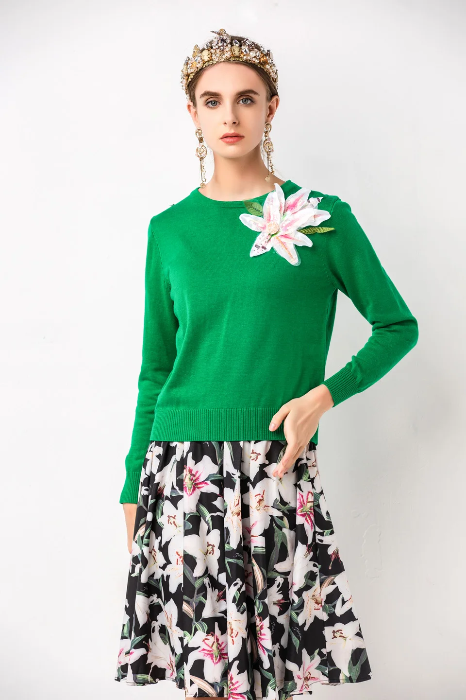 Осенний свитер женский модный ШЕРСТЯНОЙ ДЖЕМПЕР С О-образным вырезом и длинным рукавом Розовый Зеленый Белый цветок лилии