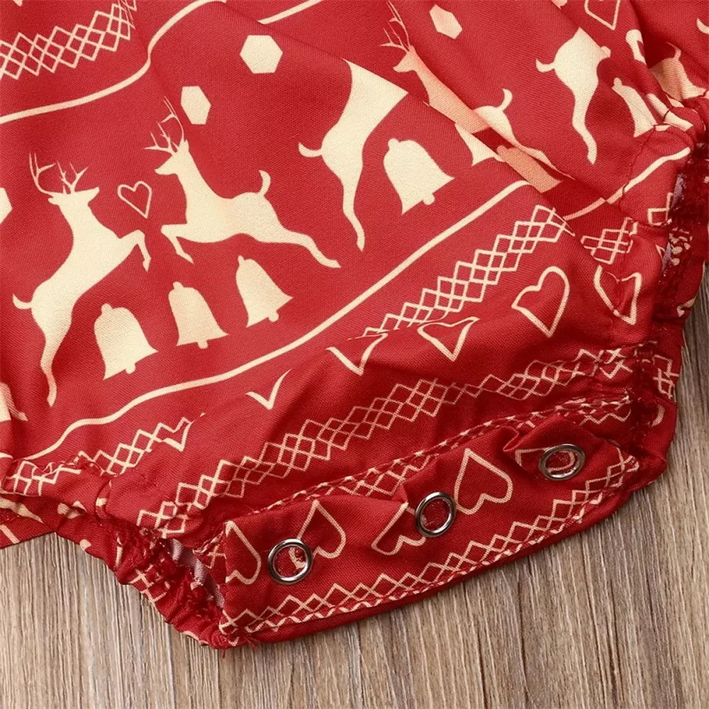 Рождественская одежда для маленьких девочек красное платье с рюшами на рукавах с нижним бельем+ повязка на голову с бантом, комплекты из 2 предметов одежда с принтом лося для детей от 0 до 24 месяцев, D35
