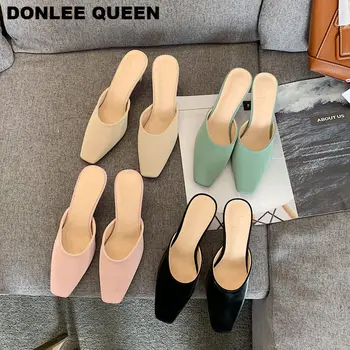 

Brand Heels Slippers Women Slip On Mules Shoes Women Slides Outdoor Slippers Thin Low Heel Shoes Ladies Fashion Shoes For Party