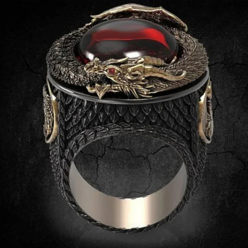

Dargon And Phoenix Vintage Black Gold Color Ring Men's Sculpted Antique Red Cubic Zirconia Ring Wedding Band Party Jewelry Gifts