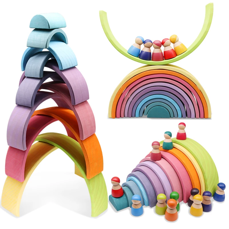 Children DIY Rainbow Wooden Blocks Colorful Large Wood Stack Bricks Rainbow Building Blocks Educational Wooden Toys 5