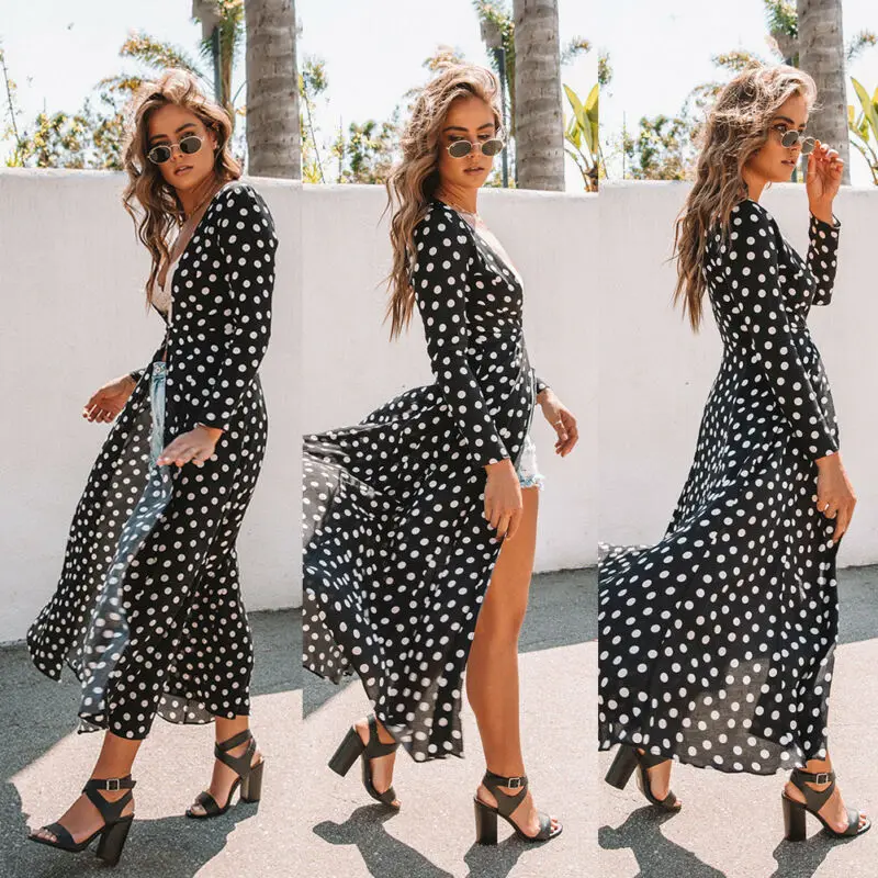 

2019 Women's Floral Kimono Boho Long Sleeve Dot Cover Up Beach Cardigan Top Blouse Jacket Dress Sundress