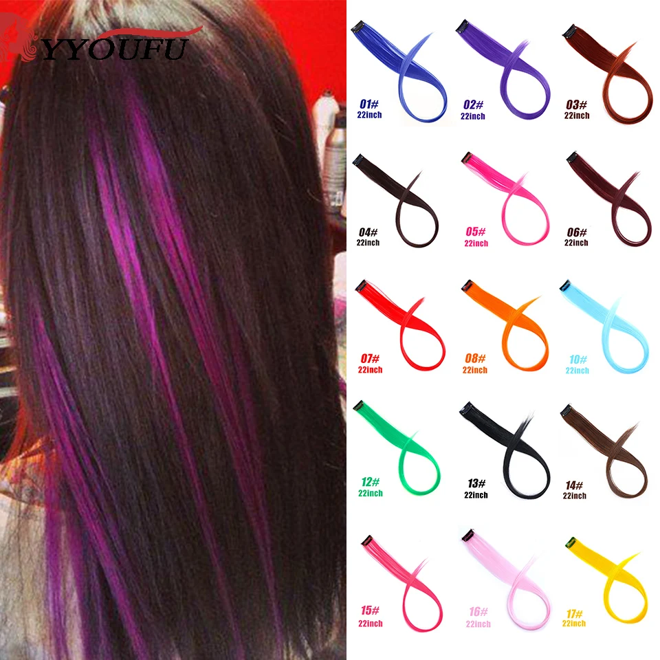 

YYOUFU Straight Fake Colored Hair Extensions Clip Rainbow Hair Streak Synthetic Pink Orange White Purple Hair Strands on Clips