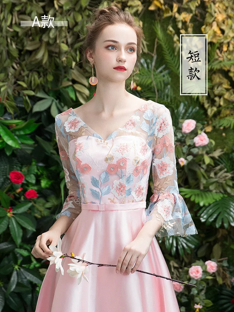 Розовое Кружевное Платье Чонсам с вышивкой, современное китайское платье подружки невесты Qi Pao, женское китайское вечернее китайское платье-Ципао, рекламная акция, юбка для сестры - Цвет: A pink short