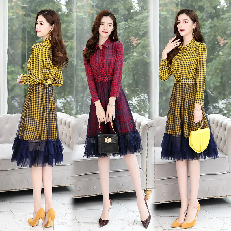 

Plaid Dress Women's Mid-length 2020 New Style Spring Clothing Waist Hugging Slimming Elegant Joint Gauze Long Sleeve Skirt Fashi