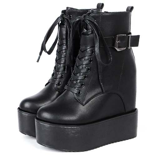 black shoes Gdgydh/белые женские ботильоны на платформе со шнуровкой; удобная обувь на танкетке; Готическая пряжка на высоком каблуке; Черная кожа; хорошее качество - Цвет: black shoes