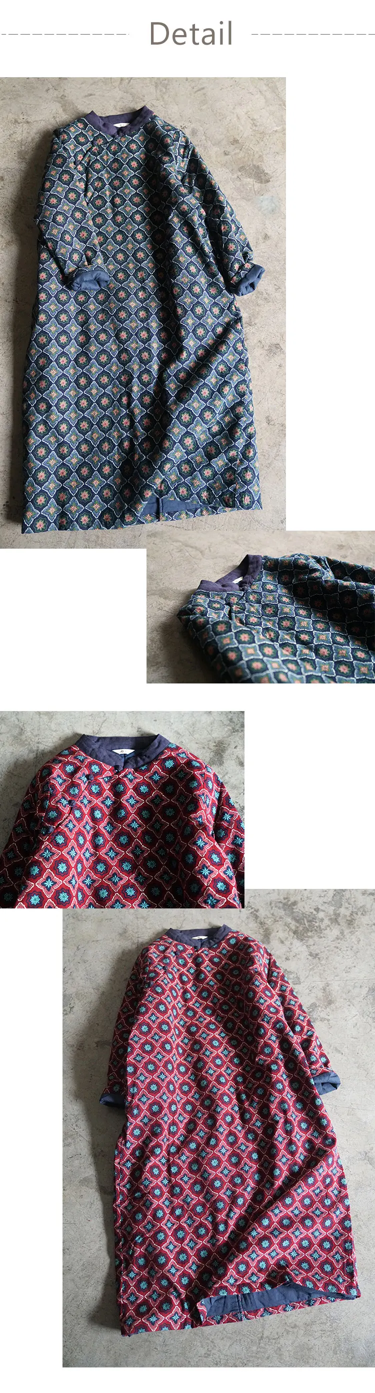 SCUWLINEN Winter Women Dress Vintage Print Thick Long-sleeve Loose Cotton Dress P185