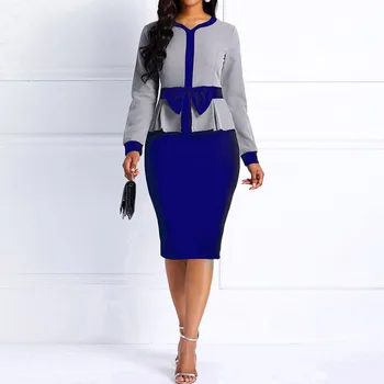 

Elegant Women Pencil Dress Mid-Calf Ruffles Bowknot 2020 African Ladies Vintage Blue Office Long Party Dresses