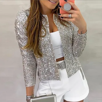 

LEH Women Jacket Sequined Bling Bling Glitter Coat Female Tops Open Front Stand Collar Long Sleeve Cool Party Jackets Clubwear