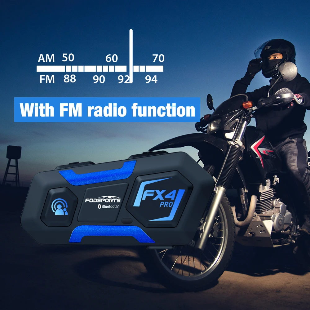 Fodsports FX4 Pro Motorcycle Intercom Helmet Bluetooth Headset Interphone 4 Rider 1200m,FM Radio