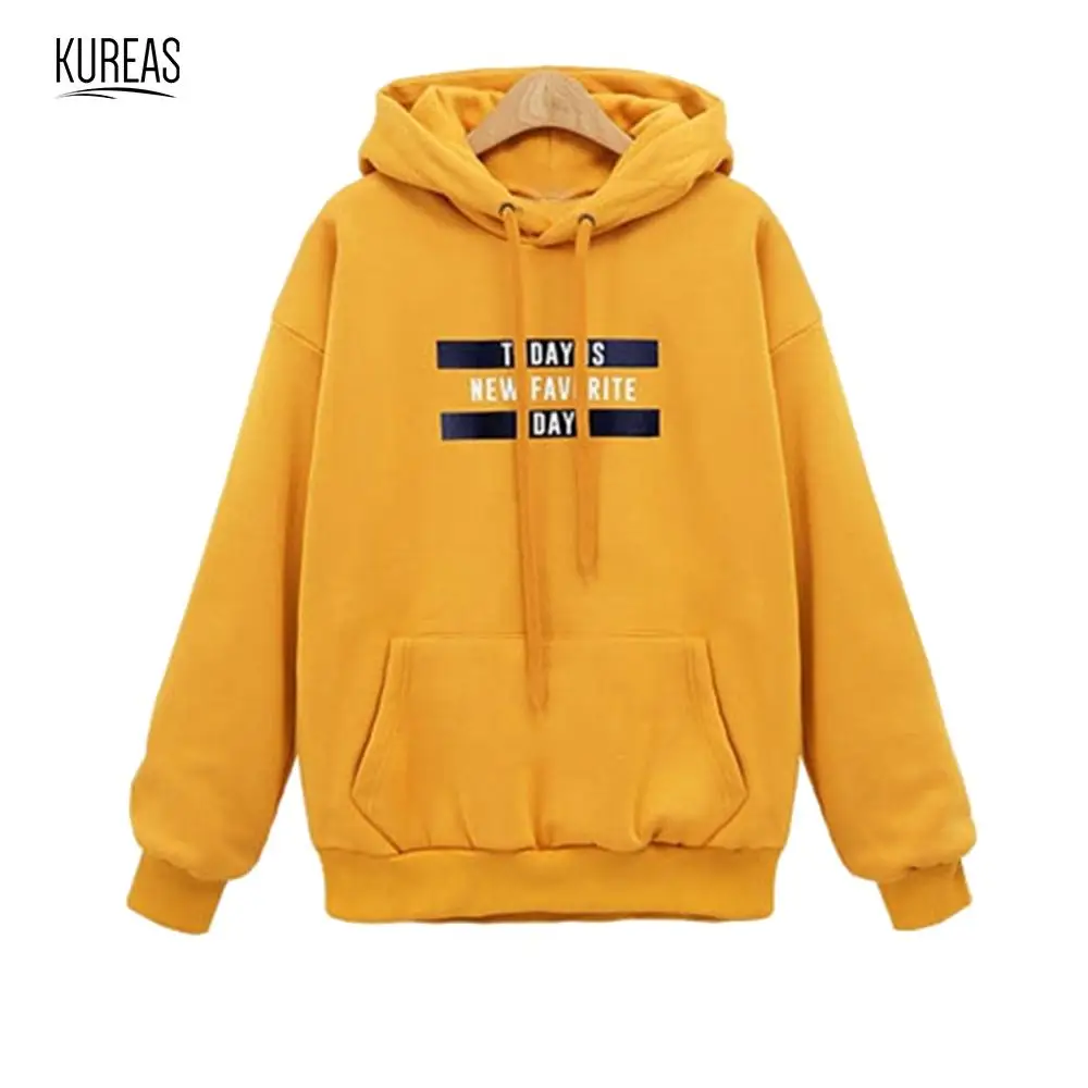 

Kureas Women Knitted Hoodies Casual Letter Printed Fleece Hooded Sweatshirt Thicken Baggy Stretch Pullover Tops Winter Autumn