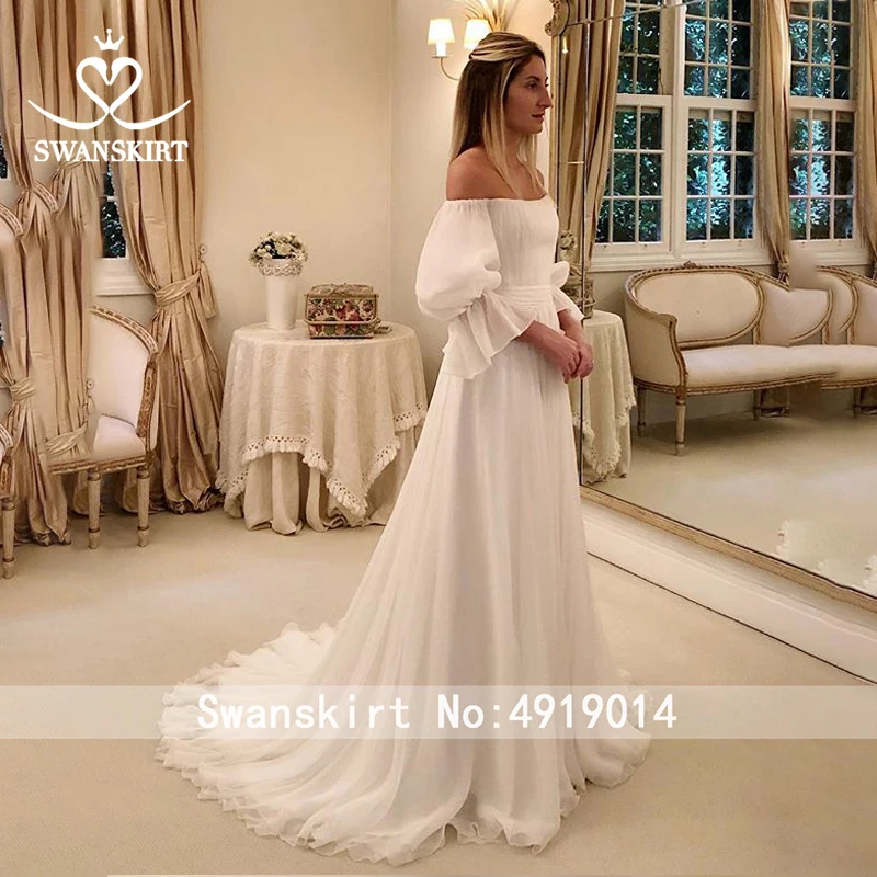 Vestido de Noiva романтическое Тюлевое свадебное платье Swanskirt вырез лодочкой Пышный рукав А-силуэт заказной суд поезд невесты платье WY11