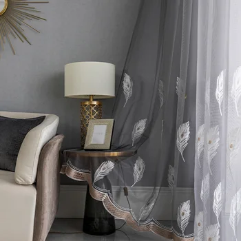 

Nordic White Feather Embroidery Luxury Tulle Curtain Gray Tanslucent Panel For Modern Home Decor Window Sheer Voile AG552#4