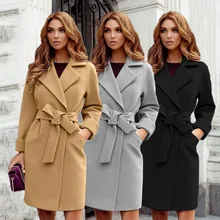 Casacos femininos casaco 2021 outono inverno quente mistura de lã lapela casaco longo com cinto elegante chique sólido fino ajuste outerwear