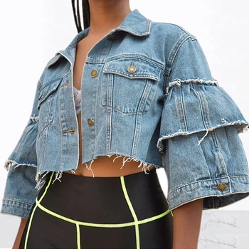 

Women Retro Cowboy Jacket Turn-Down Collar Half Sleeve Top Solid Single-Breasted Pocket Short Coat Autumn Lady Ruffle Denim Coat
