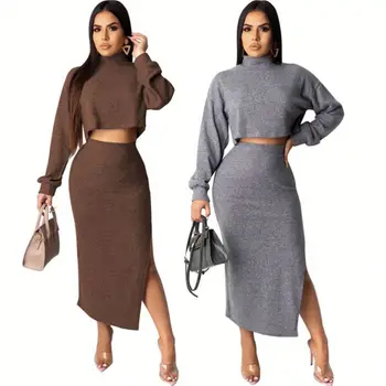 

Two Piece Set Top and Pants High Collar Crop Tops Slit Skirt Two Piece Set Sexy Dress Nightclub Women Clothing