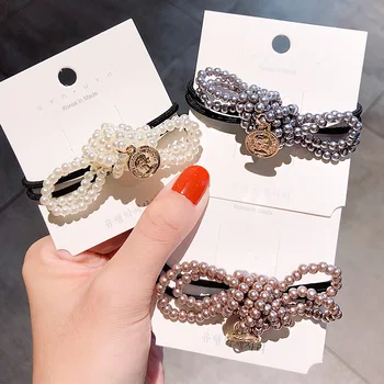

New Women Elegant Pearls Bow Pendant Elastic Hair Bands Ponytail Holder Scrunchie Headband Hair Ropes Fashion Hair Accessories