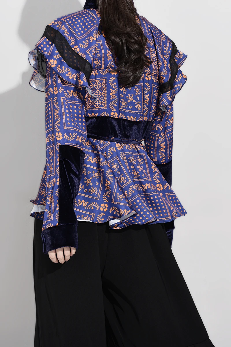 [EAM] Женская блузка с принтом и оборками, новая свободная рубашка с воротником-стойкой и длинным рукавом, модная Осенняя JY7821