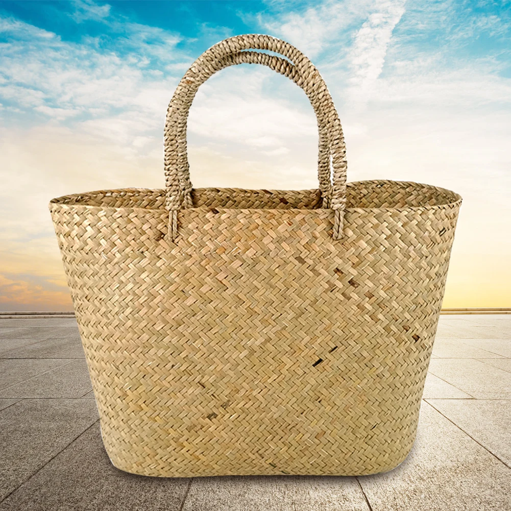 

Straw Woven Shopping Basket Travel Everyday Women Handbag Handmade Shopper Eco-friendly Girls Reusable Tote Summer Beach Casual