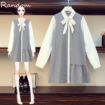 

Plus Size L-4XL 2020 Autumn Single-breasted Plaid Shirt Dress Women Long Sleeve Fashion Bow Vinatge Dresses Big Loose Clothing