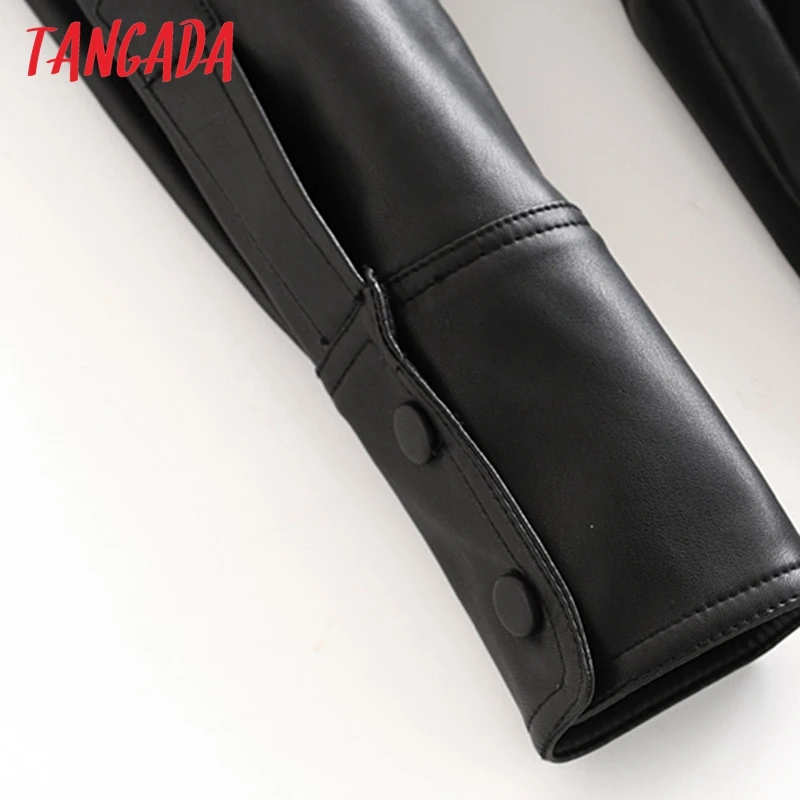 price cut  Tangada Women faux leather jacket coat with belt turn down collar Ladies Long Sleeve boyfriend styl