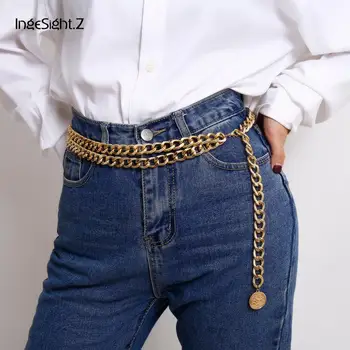 

IngeSight.Z Double Layer Retro Thick Miami Curb Cuban Harness Waist Belly Chain Carved Coin Pendant Belt for Women Body Jewelry