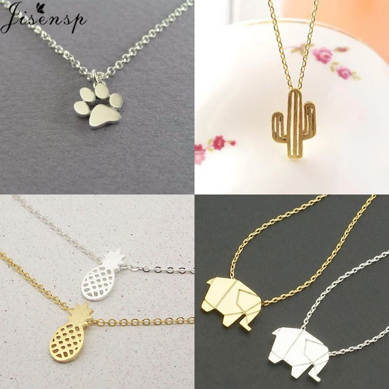 

Jisensp Cute Animal Choker Necklaces Kolye Fashion Jewelry Paw Necklace Simple Cactus Pineapple Necklaces Pendants for Women
