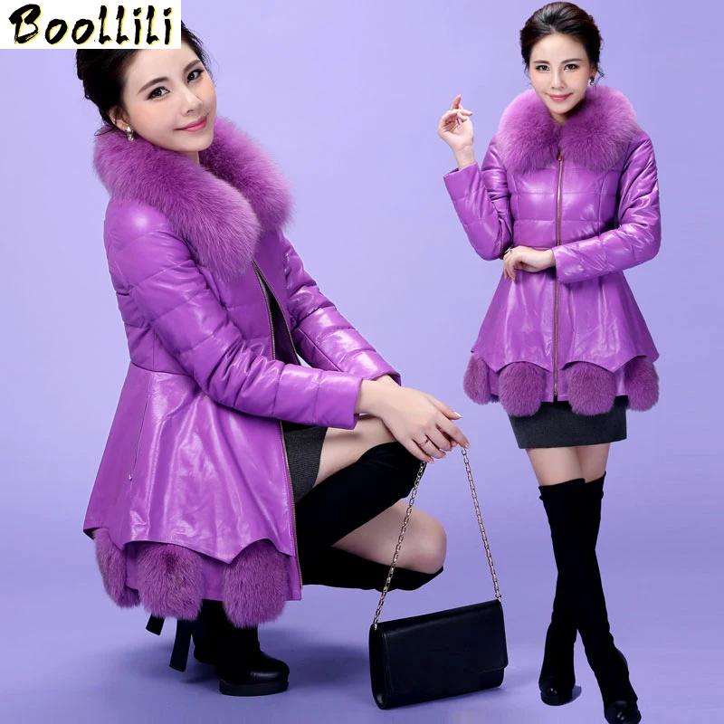

Boollili 2020 Fashion Plus Size Winter Jacket Women Faux Leather Jacket Fur Collar Mid-Long Autumn Winter Down Jacket And Coats