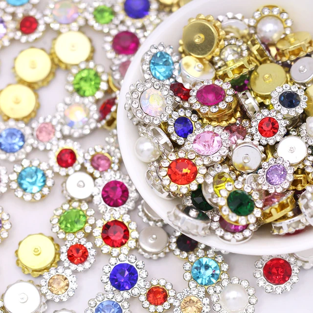 100pcs Multicolor Crystal Flower Shape Rhinestone Buttons Sew On