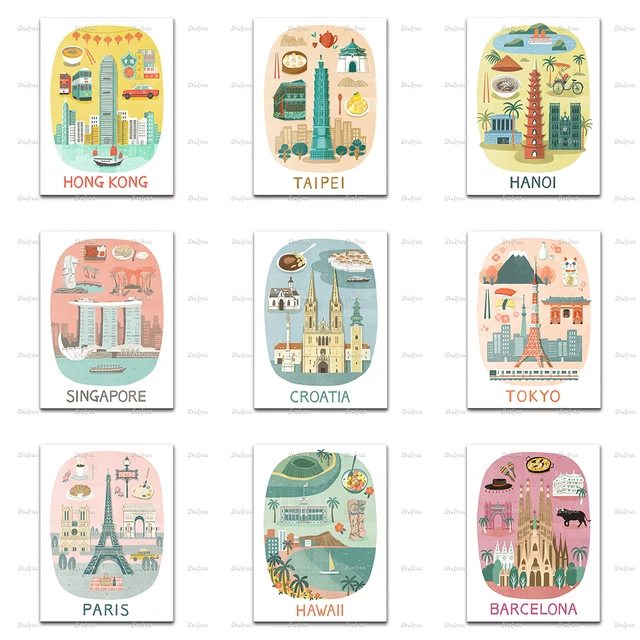 아시아 세계 여행 포스터, 도쿄 홍콩 하노이 싱가포르 두바이 하와이 시티 아트지도 미술, 가정 장식 캔버스 벽 아트 지문 선물 파는곳