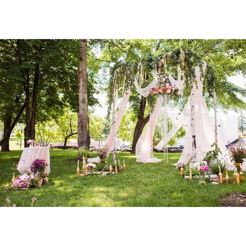7 X5Ft Open Air Wedding Cerimonia Party Garden Park Pink Garze Drappo Custom Photo Studio Sfondo Vinile 220Cm X 150Cm