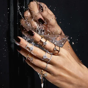 

Fashion European style CZ stone Women's Rings white gold color Thin Simple Double Rings with Link Chain Jewelry Accessories