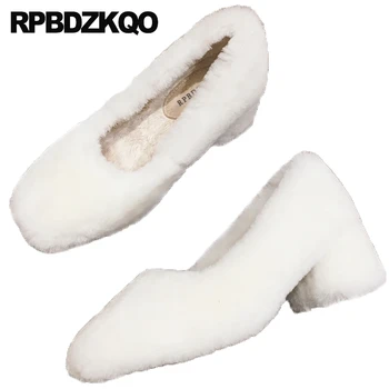 

high heels pumps runway italian yellow 2019 white fur medium block vintage footwear european retro square toe ladies mid shoes