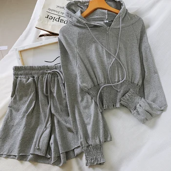 

summer new running women sets hooded solid long-sleeved cardigan and shorts lady elegant shorts suits top quality
