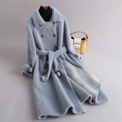 Blue Высококачественное длинное пальто с мехом женская зимняя Толстая теплая двубортная верхняя одежда из овечьей шерсти Женская мягкая пушистая куртка из искусственного меха - Цвет: Blue