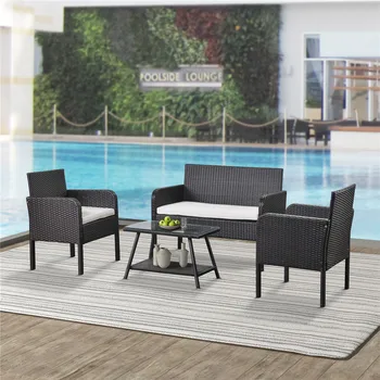 

4 Piece Rattan Sofa Seating Group with Cushions Outdoor Ratten Sofa Set Stable with Cotton Cushion