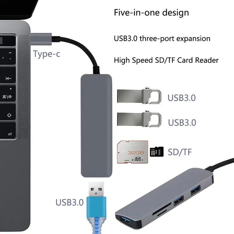 Алюминиевый USB C концентратор тип-c до 3 портов USB 3,0 концентратор TF кард-ридер конвертер кабель для ноутбука Macbook Тип C концентратор адаптер(серый
