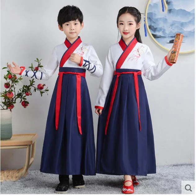 White1 Традиционный китайский древний костюм, сценический костюм Hanfu для мальчиков и девочек, костюм Танга для детей, платье для выступлений, вечерние костюмы династии Цин - Цвет: White1