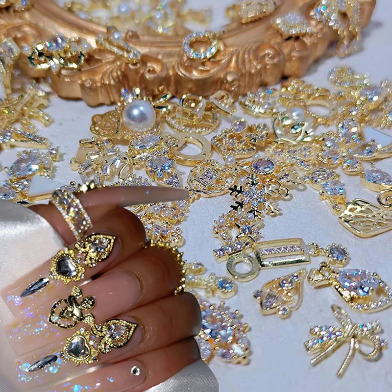 

50PCS/Lot Metal Zircon Nail Charms Elegant Shapes Rhinestones Decoration With Gold Alloy Mix Styles Crystals Gem Nail Supply