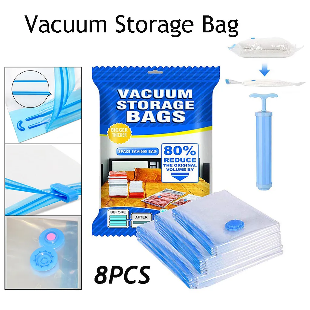 

8PC Reusable Space Saving Vacuum Bags Packaging Container Clothes Duvets Blankets Home Storage Organizer With Hand Pump M850#