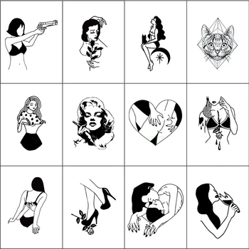 

12 pcs/lot Waterproof Temporary Tattoo Sticker Sexy Girl Lovers flower Cat Marilyn Monroe Old School flash tatoo fake tatto