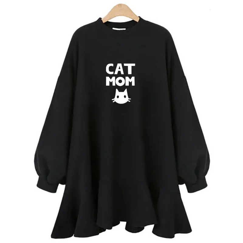 Plus Size Woman Hooded Sweatshirt CAT MOM Letter Printed 2019 Autumn Female Oversized Loose Ruffled Long Sleeve Tops | Женская одежда