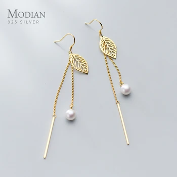 

Modian New 925 Sterling Silver Simple Leaves Long Chain Pearl Stick Drop Dangle Earring for Women Hook Earring Fine Jewelry Gift