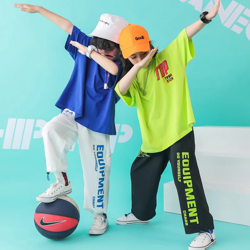 Kids Adult Costumes wear Blue Green Top Spring Autumn Unisex Letter jazz Harem Hip Hop Dance T shirts