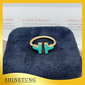 

1: 1 Original Model S925 Sterling Silver Ring Fashion Rose Gold Double T Green Enamel Ring Ladies LOGO Jewelry Birthday Gift