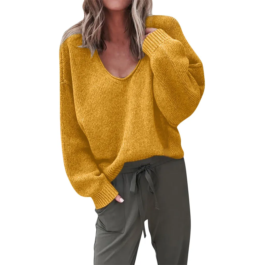 Женский свитер, женский чистый цвет, v-образный вырез, длинный рукав, Осень-зима, однотонный Повседневный пуловер, вязаный свитер, вязаная одежда 15 - Цвет: YE