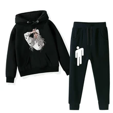 Детская одежда для маленьких мальчиков Billie Eilish принтами Детские хлопковые толстовки с капюшоном для девочек+ брюки 2 шт./компл. подростков комплект для девочек Комплект одежды для маленьких мальчиков