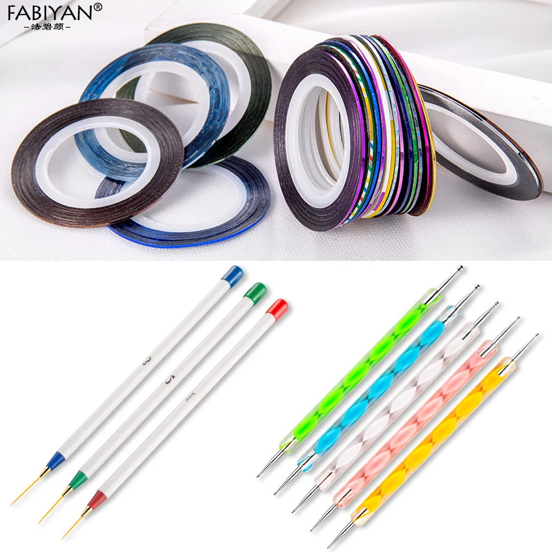 Set 15 Brush + 5 Dotting Pen + 5 Rolls Tape Striping Line Tips + 1 Case Holder Nail Art Gel UV Polish Drawing Manicure Tools 5